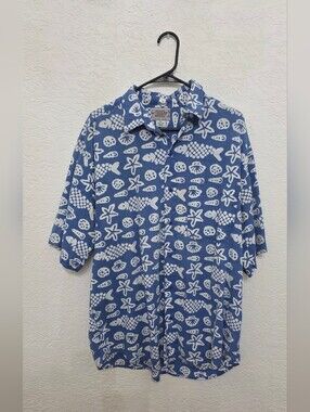 Blue Tropical Print Short Sleeve Shirt Casual Resort Style XL RIPS ON COLLAR